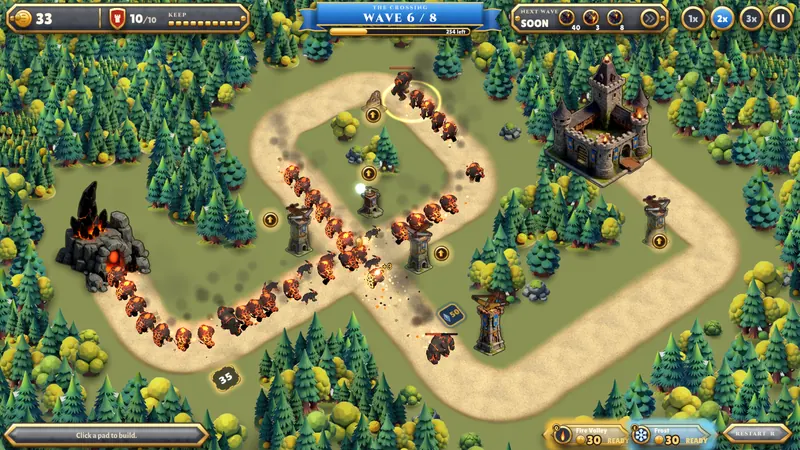 Hordegate gameplay on The Crossing: a column of molten rock creatures marches from a burning cave toward the castle past Longbolt towers.