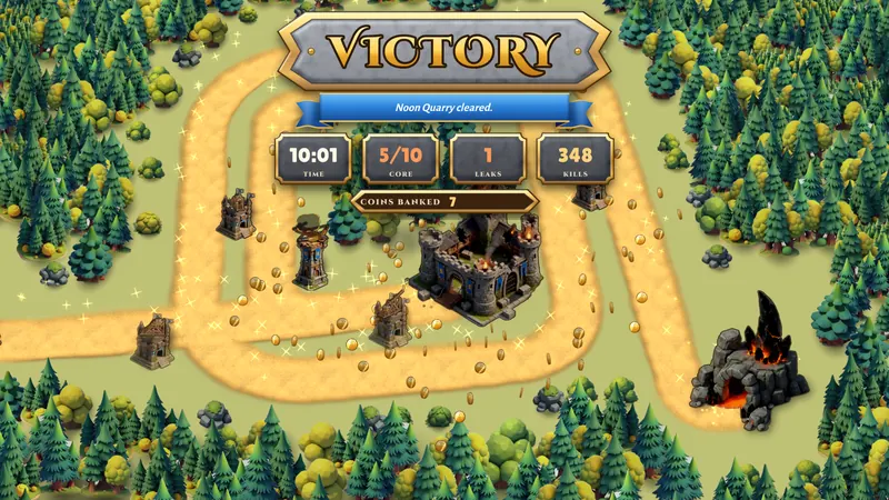 The Hordegate Victory screen for Noon Quarry, with coins spilling over the castle.